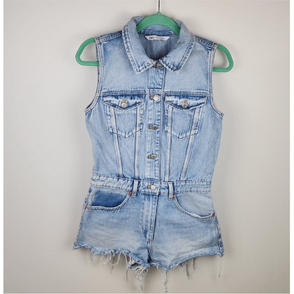 Zara Denim Distressed Raw Hems Romper Jumpsuit sz S - Picture 1 of 6